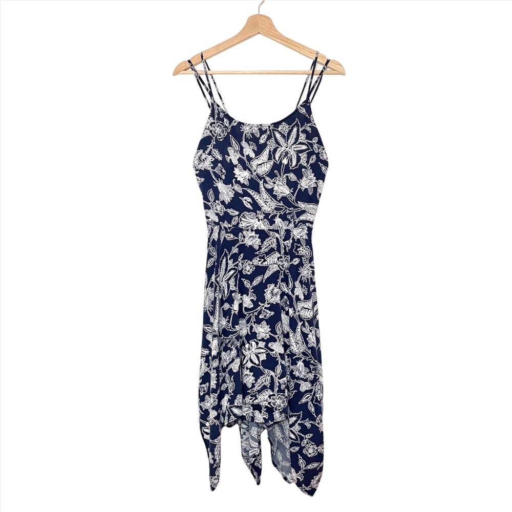 Blu Pepper Botanical Print Strappy Sharkbite Hem Sun Dress Blue White Large